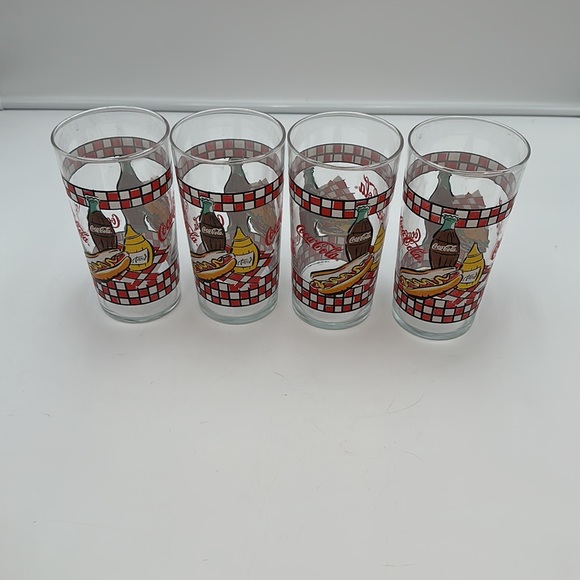 Coca Cola GLASSES 1997 Picnic Bottle and Burger Red Check-set of 4 - Picture 10 of 16